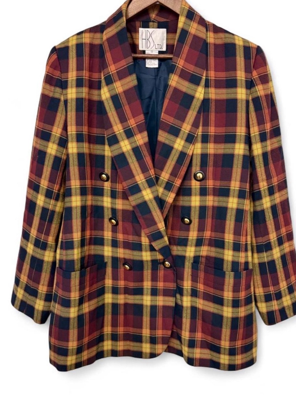Vintage HBS Ltd Made in USA Plaid Double Breasted Blazer Size 14 90s Clueless
